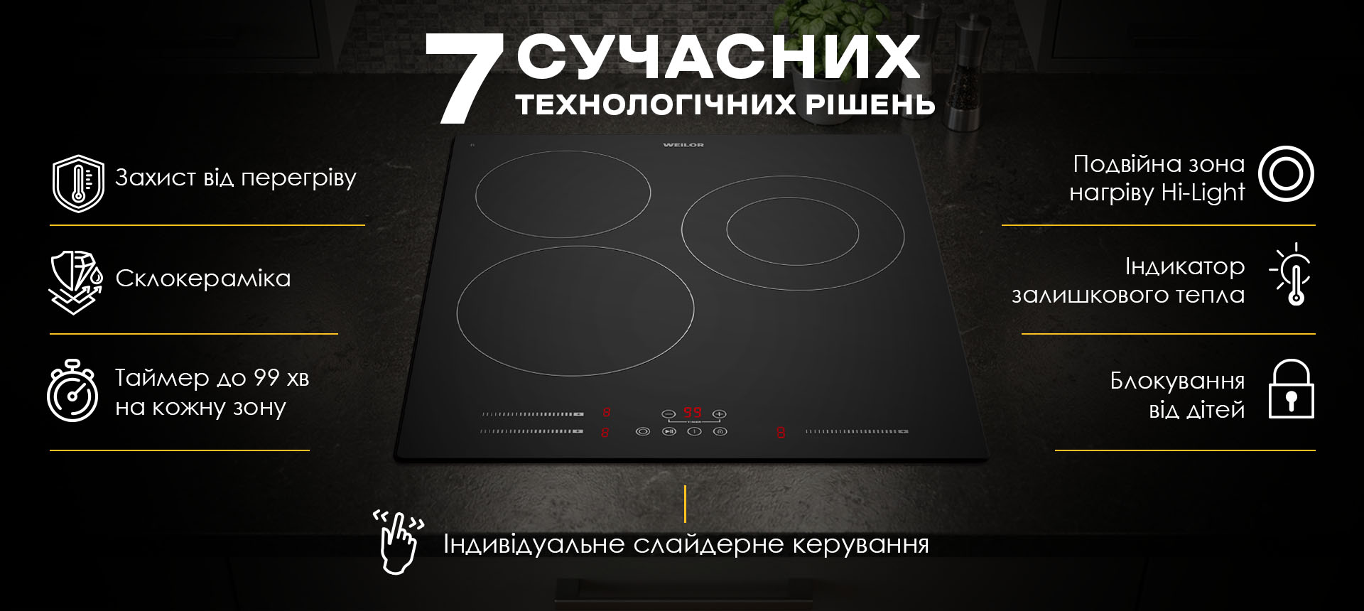 Індивідуальне слайдерне керування склокерамічної варильної поверхні WEILOR WHC 445 BLACK із сучасними технологіями